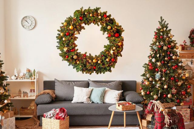 Christmas wreath wall decal above a cozy sofa, surrounded by decorated trees and holiday decor.