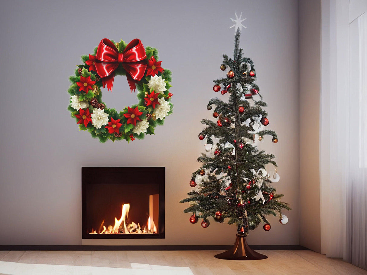 Floral green wreath wall decal with red bow above a cozy fireplace and decorated Christmas tree.