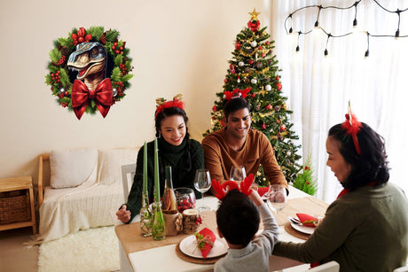 Family celebrating Christmas with Dino Merry Christmas Wreath Wall Decal, T-Rex in red hat, festive decorations.
