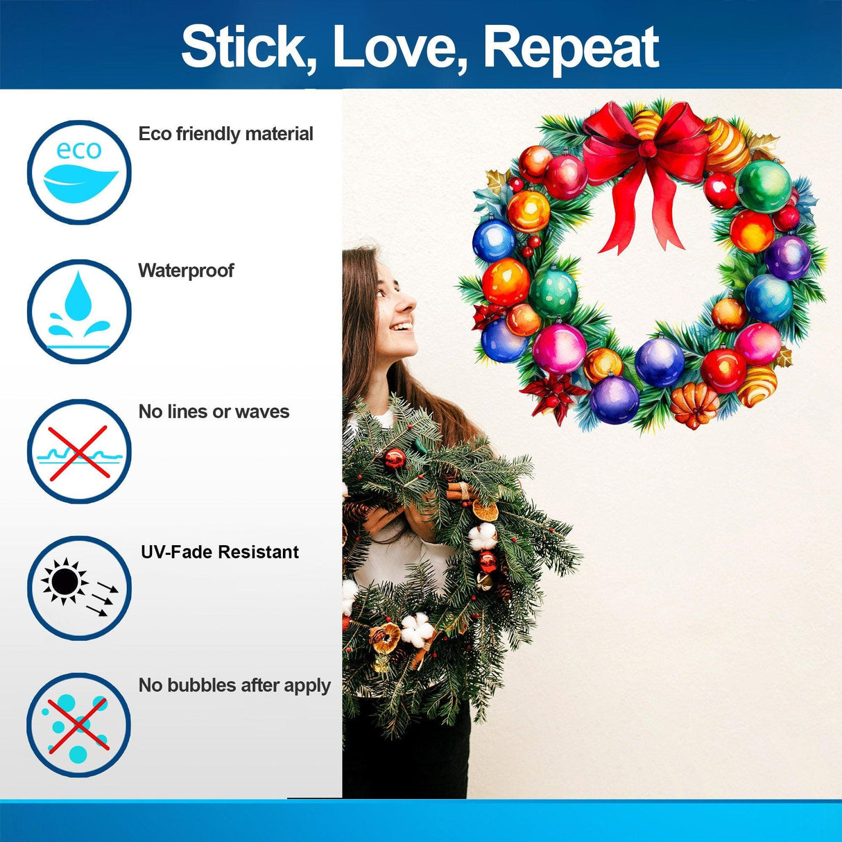 Eco-friendly watercolor Christmas wreath wall decal with colorful ornaments and red bow, featuring easy application benefits.