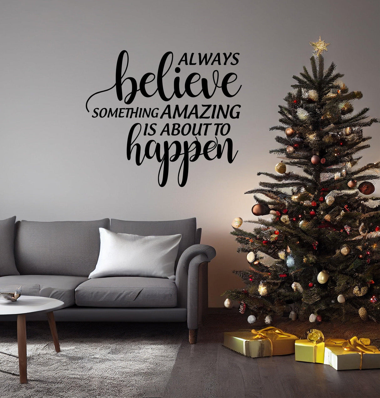 Inspiring Christmas quote wall vinyl sticker above a cozy sofa and decorated Christmas tree.