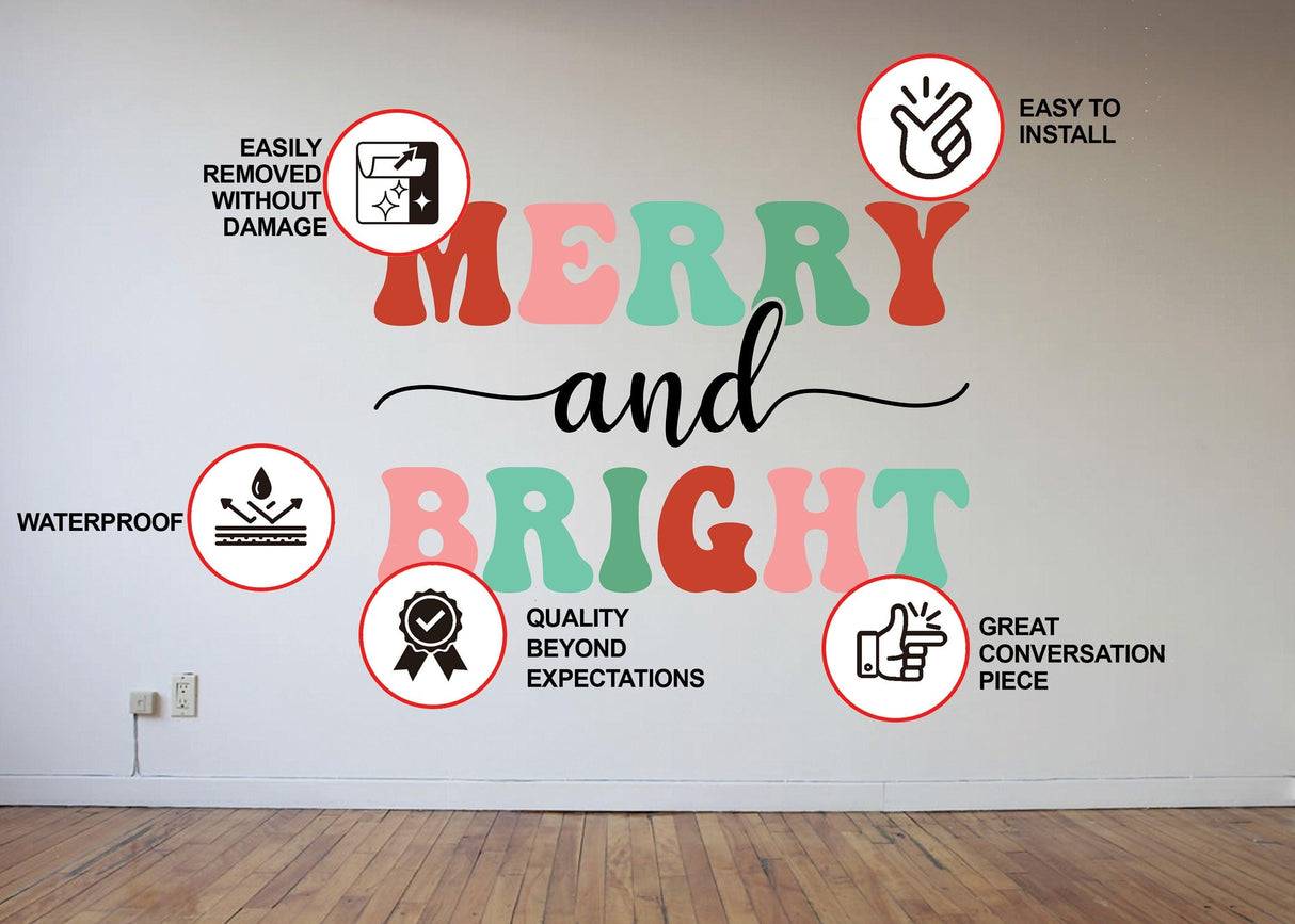 Colorful "Merry and Bright" wall decal showcasing easy installation and quality features for festive decor.