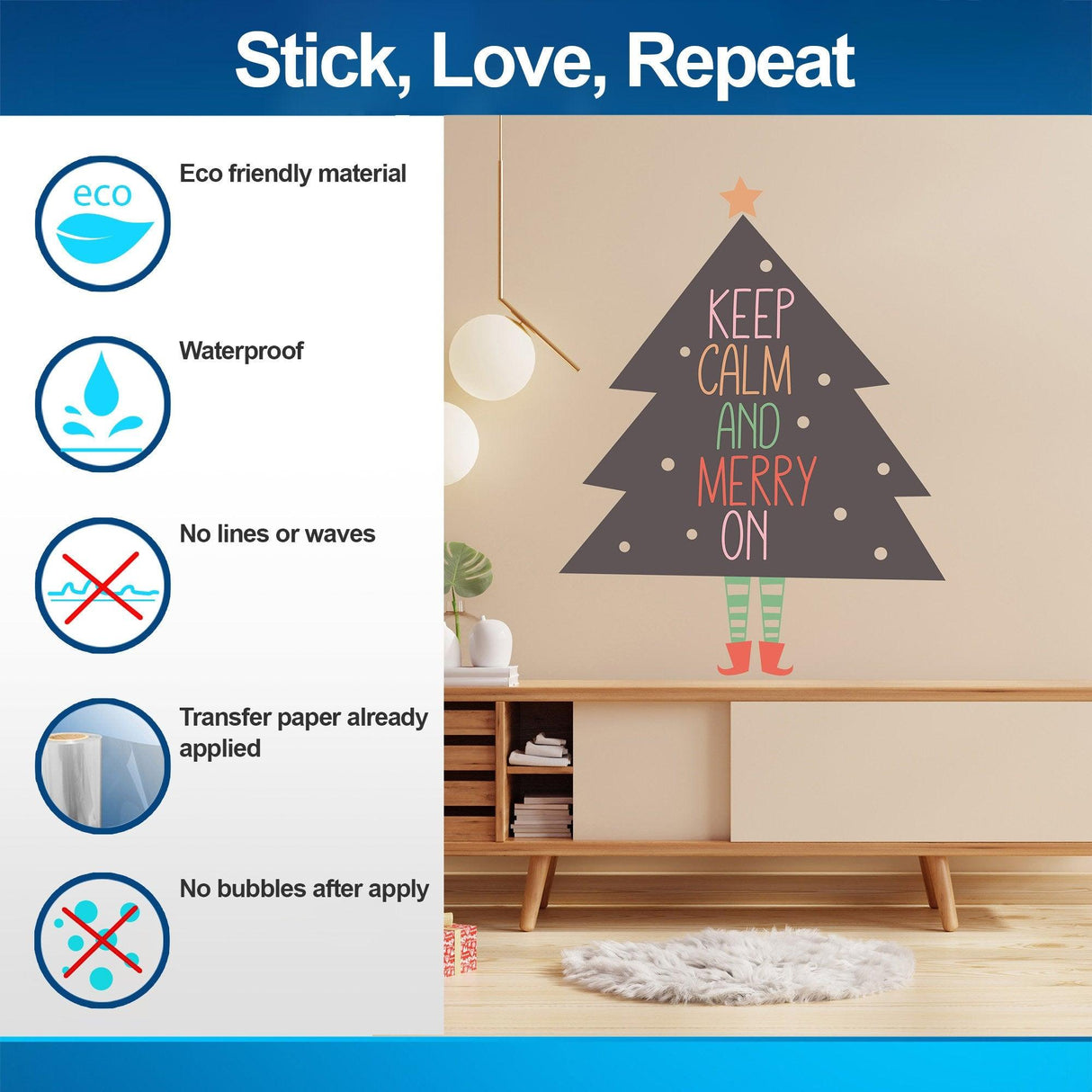 Whimsical Christmas tree vinyl sticker with festive text 'Keep Calm and Merry On' on a wall.