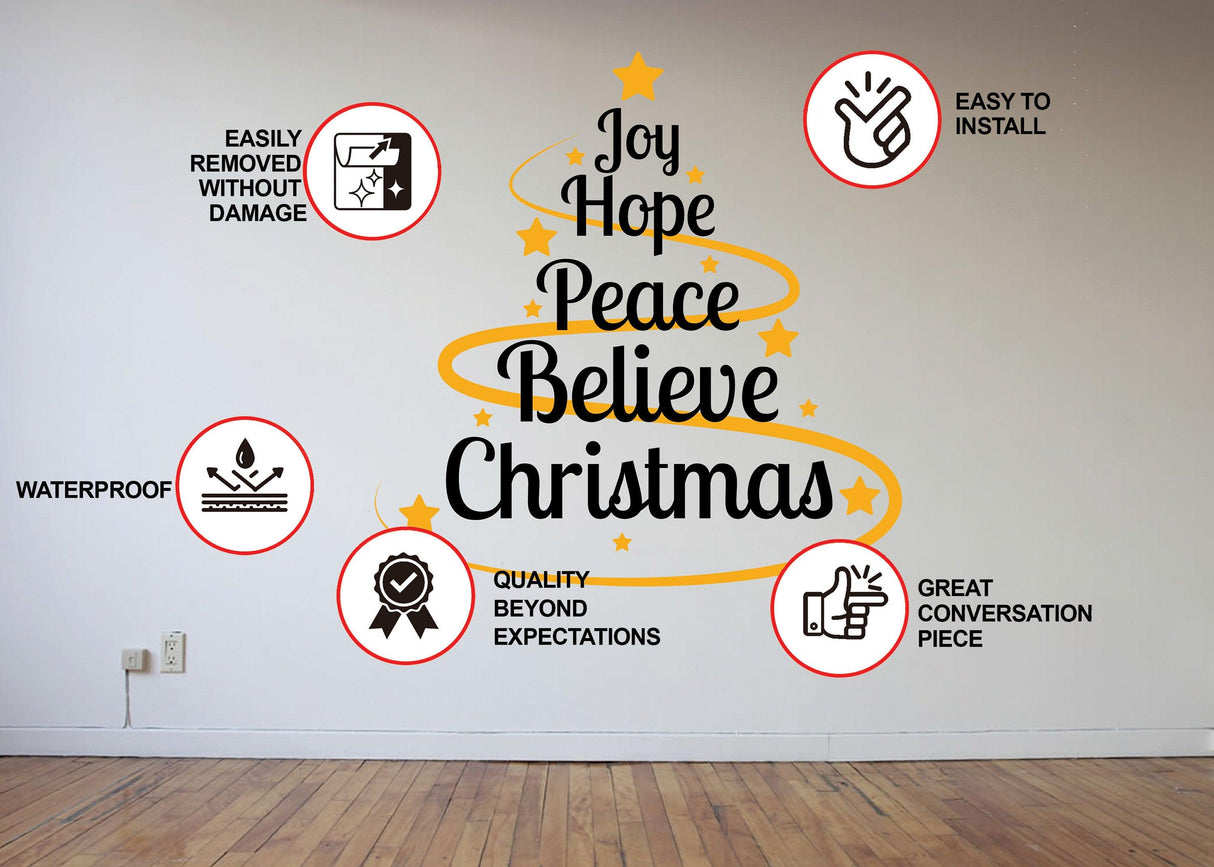Heartwarming Christmas quote vinyl wall sticker featuring 'Joy Hope Peace Believe Christmas' with installation features.