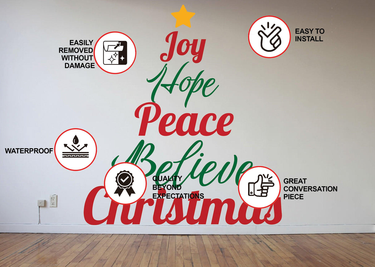 Colorful Christmas quote wall decal with 'Joy Hope Peace Believe Christmas' text, featuring easy install and waterproof design.