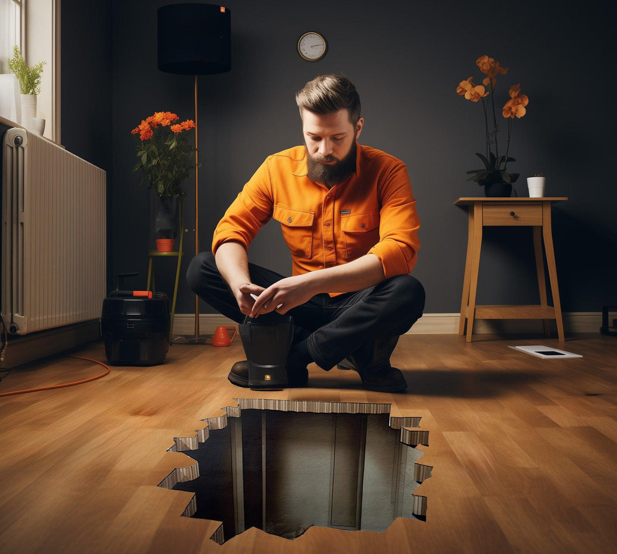 Man in orange shirt inspecting a 3D illusion hole floor sticker with a basement view in a modern room.