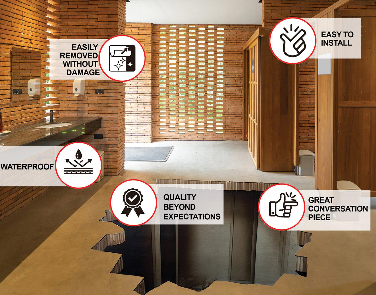 Captivating 3D illusion floor sticker features: waterproof, easy install, removable, quality decor, great conversation starter.