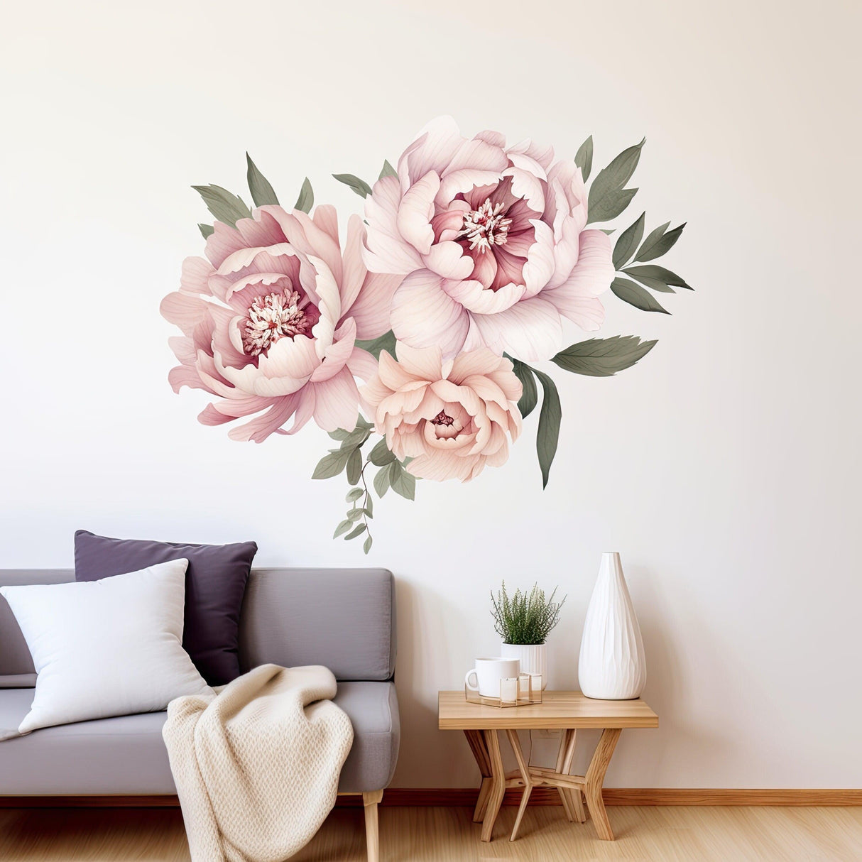 Elegant peony flowers wall decal in watercolor design, brightening living room decor with charm and elegance.