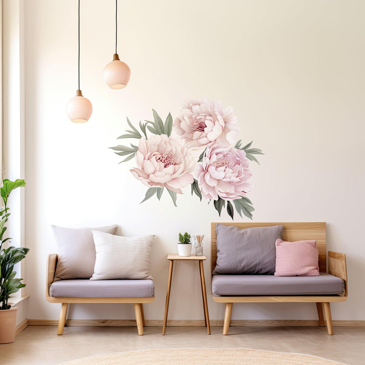 Lush Watercolor Peony Wall Decals on a living room wall above modern seating, adding floral elegance and color.