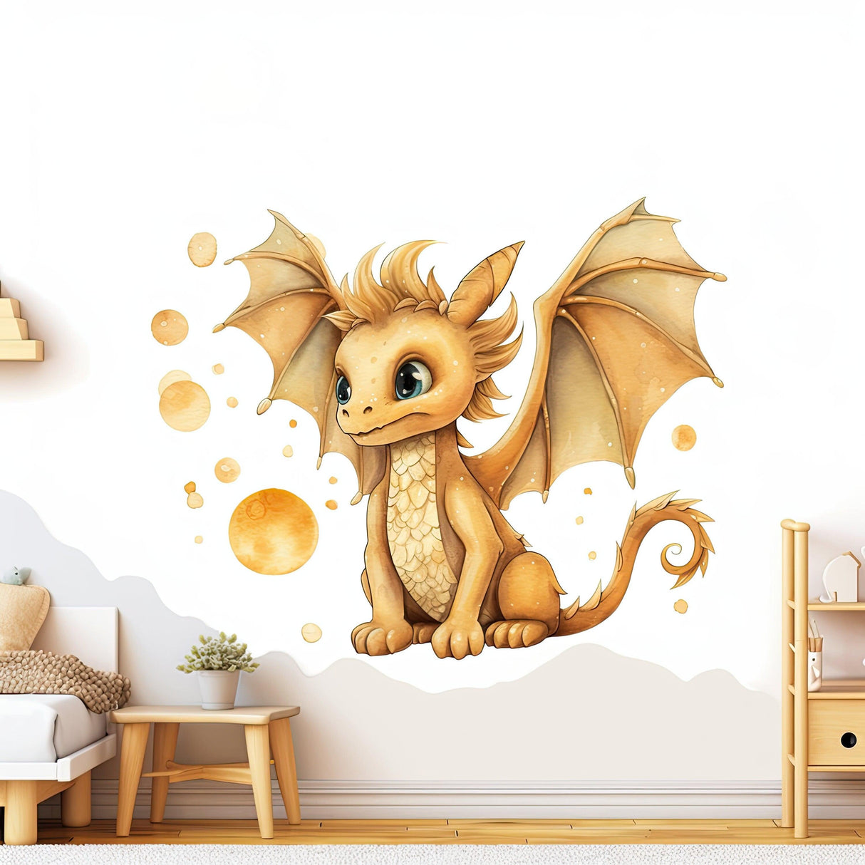 Whimsical baby gold dragon wall decal in a room, adding fantasy charm to decor with playful design and warm colors.