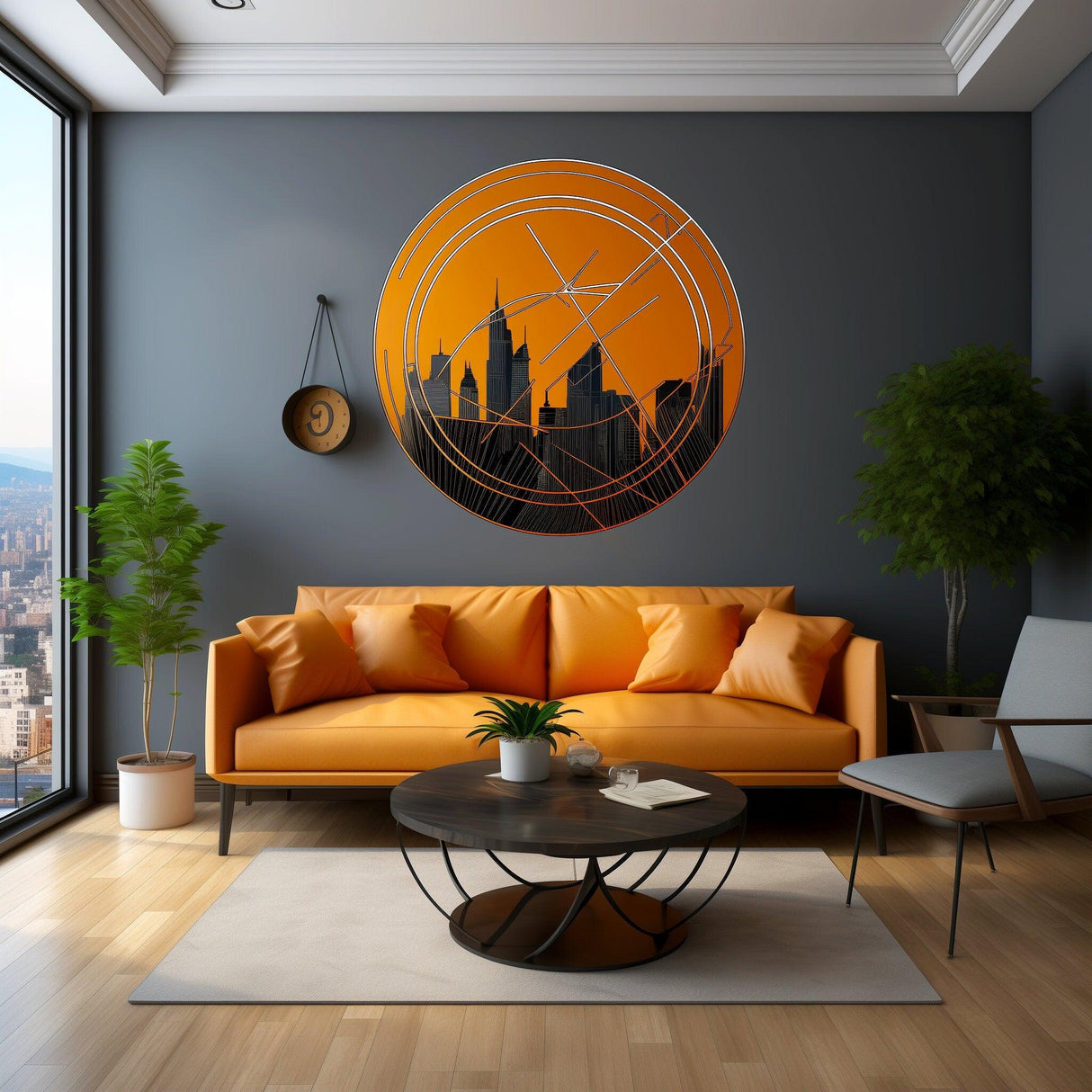 Stylish living room featuring orange wall decal of a city skyline with modern furniture and plants.