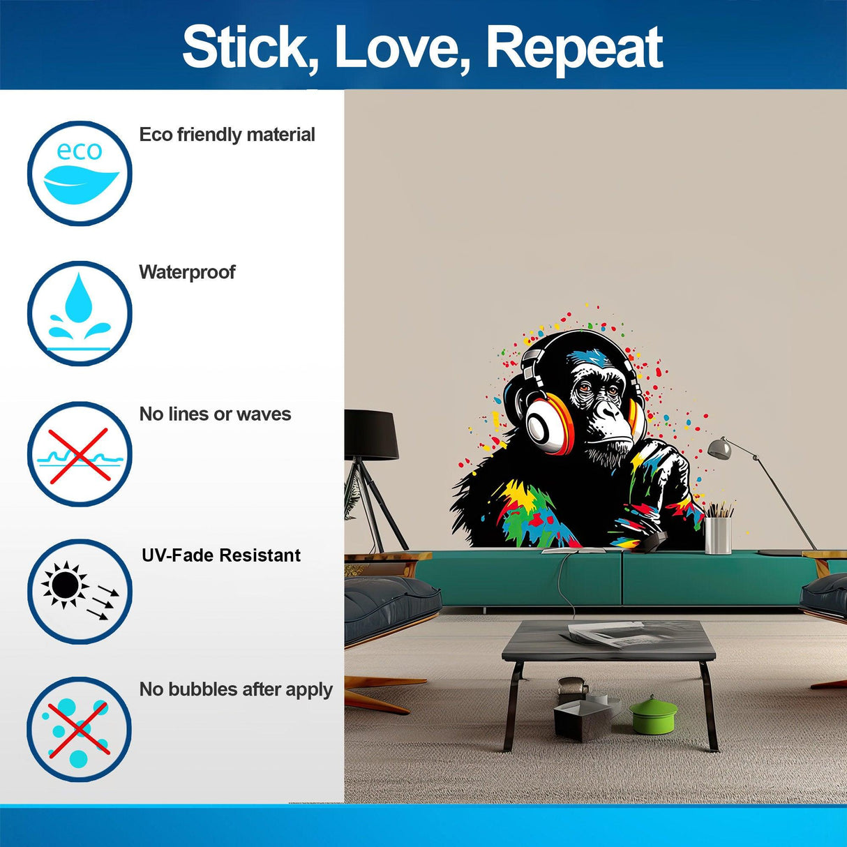 Colorful DJ Monkey wall decal in living room, showcasing eco-friendly features and vibrant design.