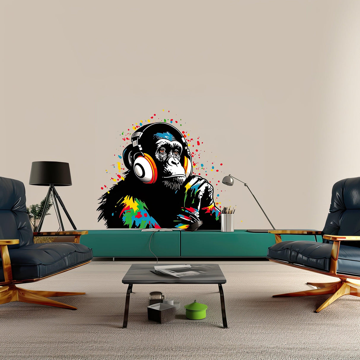 Colorful DJ Monkey wall decal on a living room wall, featuring a thinking gorilla with headphones.