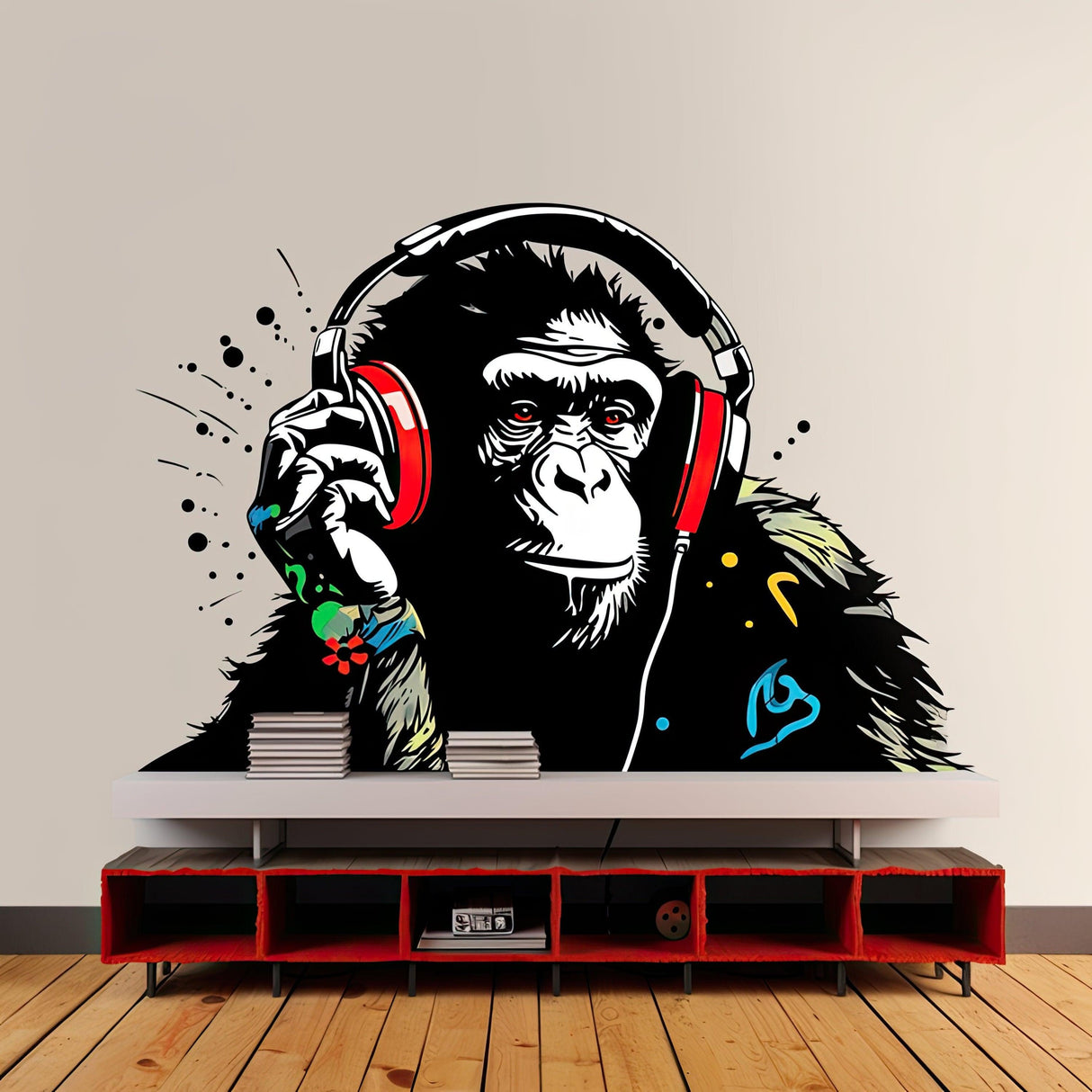 Headphone Chimp Wall Art Sticker featuring a DJ ape wearing red headphones, vibrant colors, perfect for urban jungle decor.