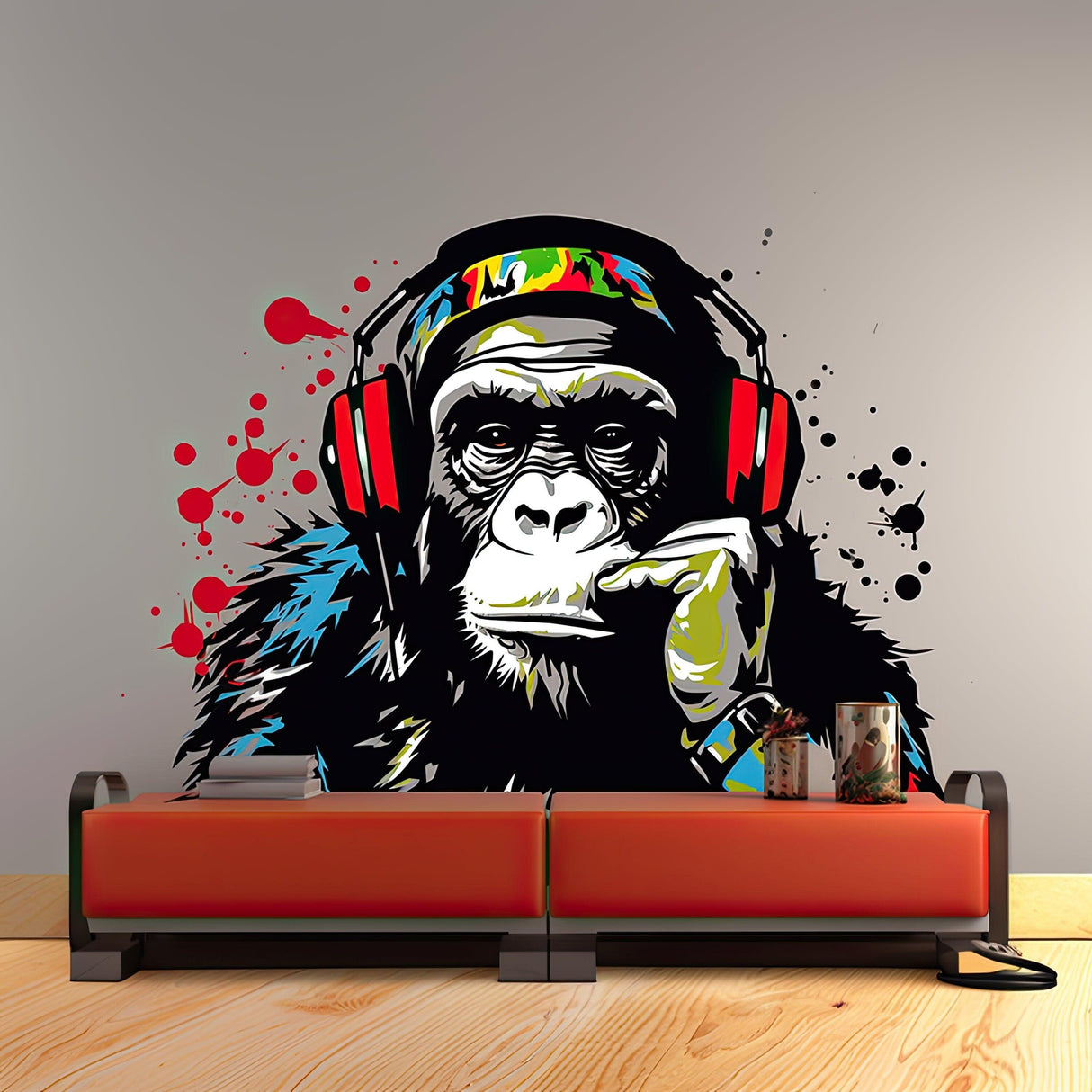 Vibrant Wise Contemplative Ape wall decal with headphones, adding a playful touch to modern decor.