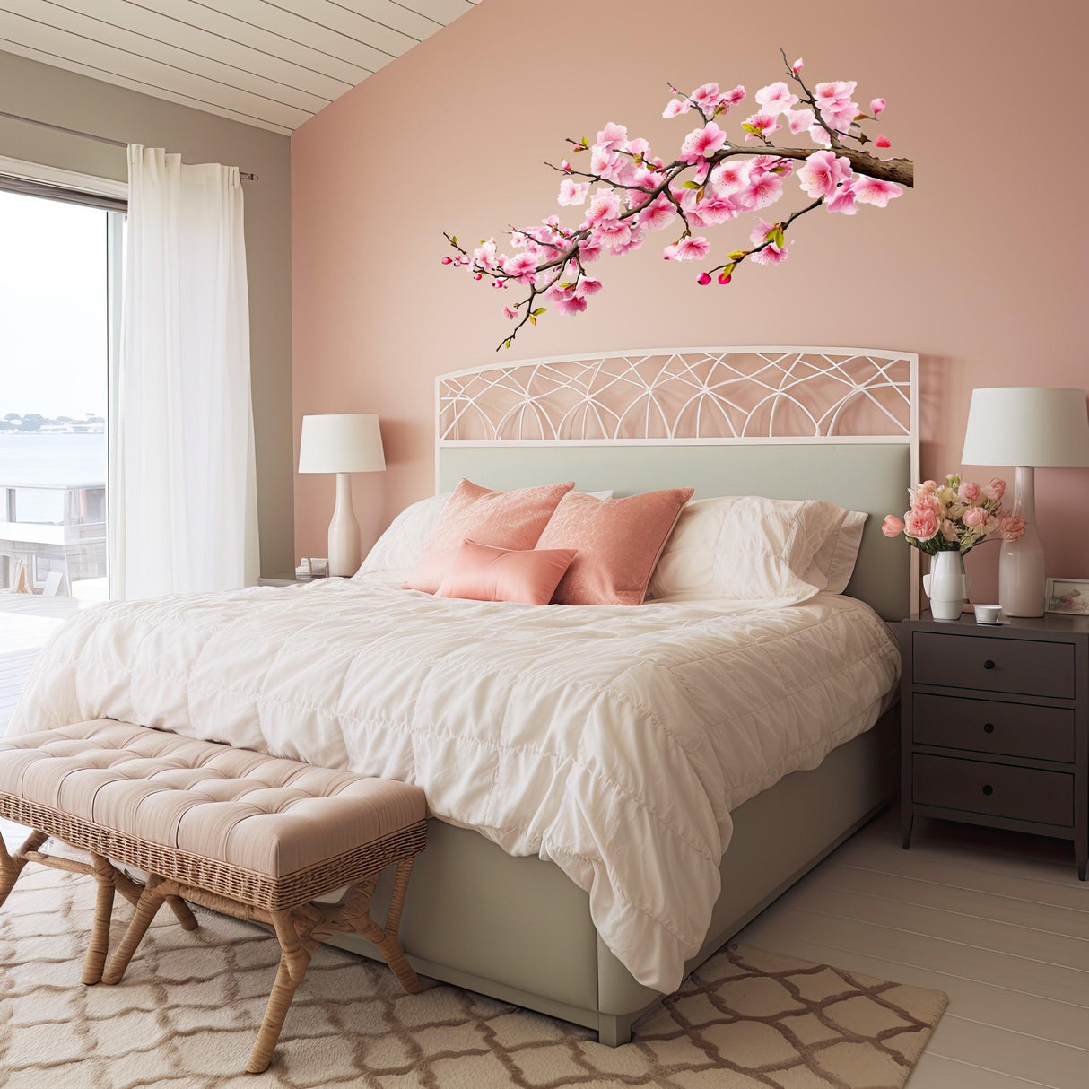 Cherry blossom wall decal adding elegance to a serene pink nursery with a cozy bed and soft decor.