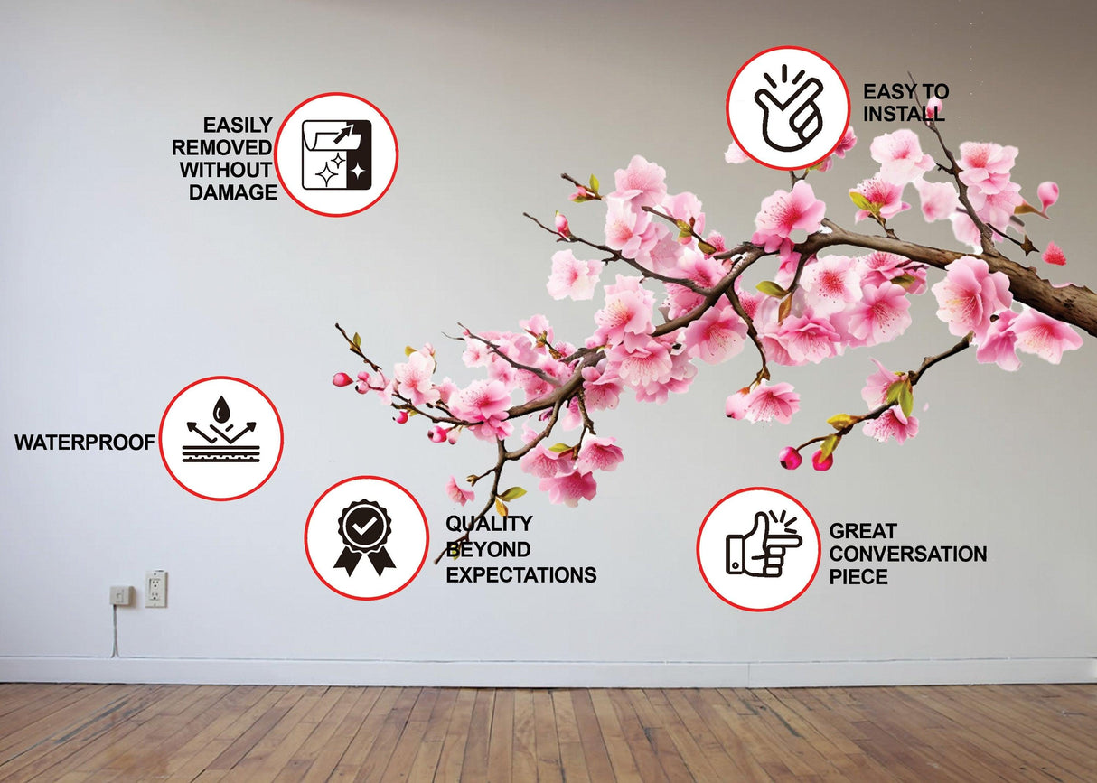 Cherry Blossom Corner Tree Wall Decal with highlighted features: easy to install, waterproof, removable, quality, and conversation piece.