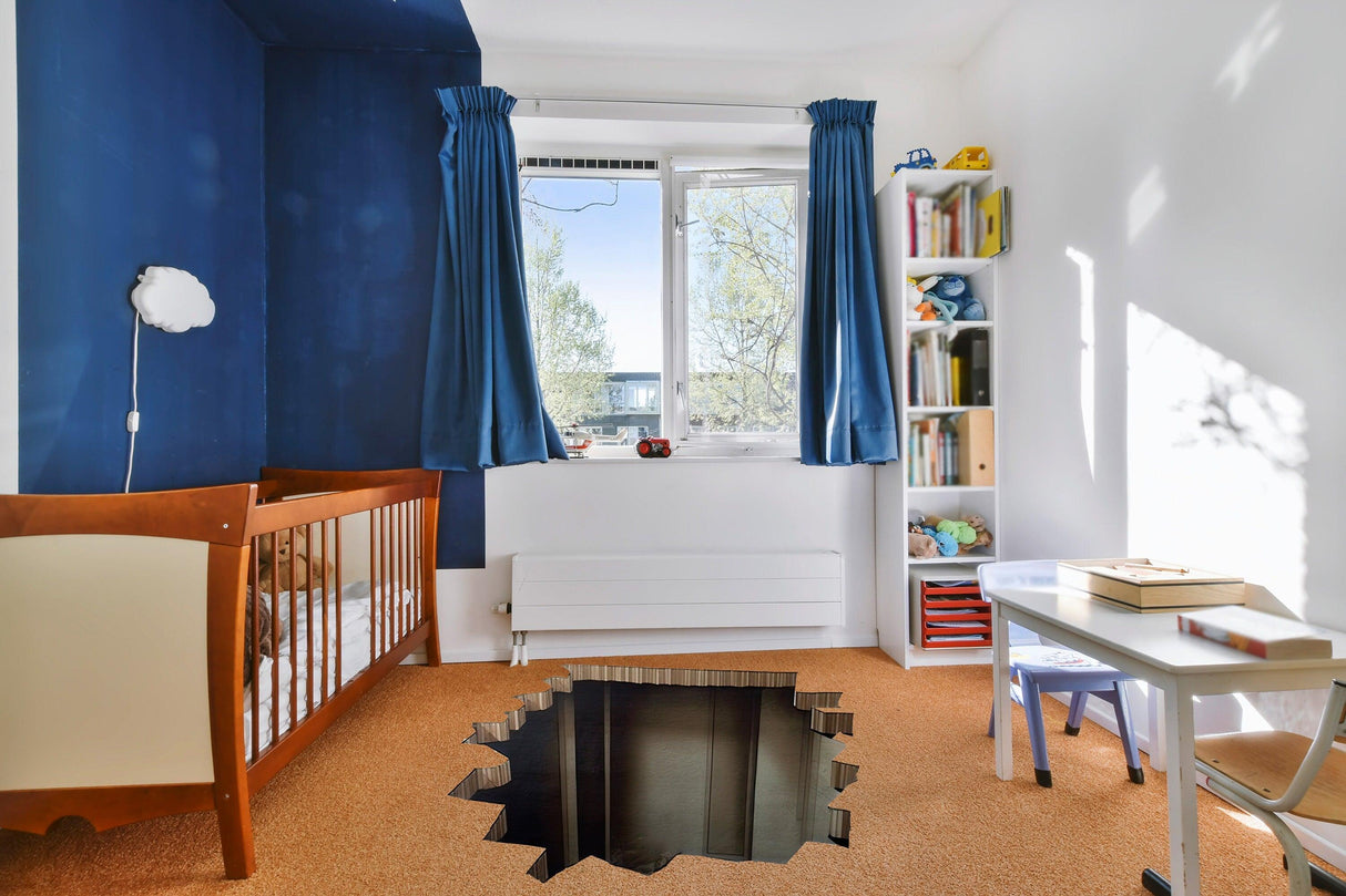 Bright room featuring a captivating 3D illusion hole floor sticker with a porthole and basement view.