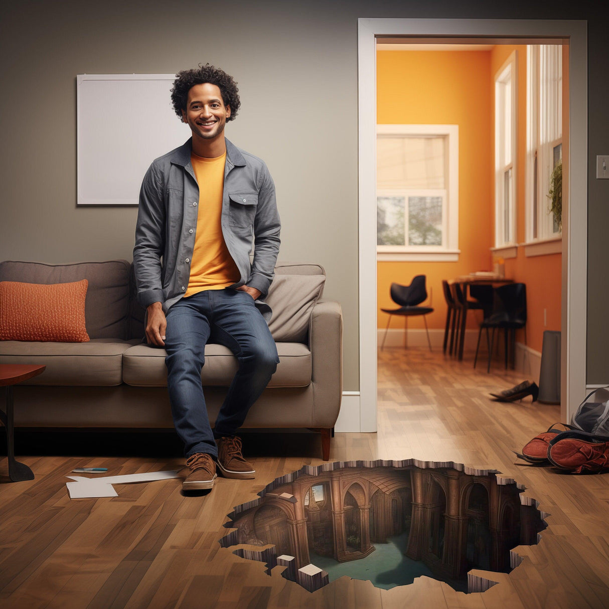 Man sitting on a couch next to a 3D illusion floor sticker depicting a castle view in a stylish room.