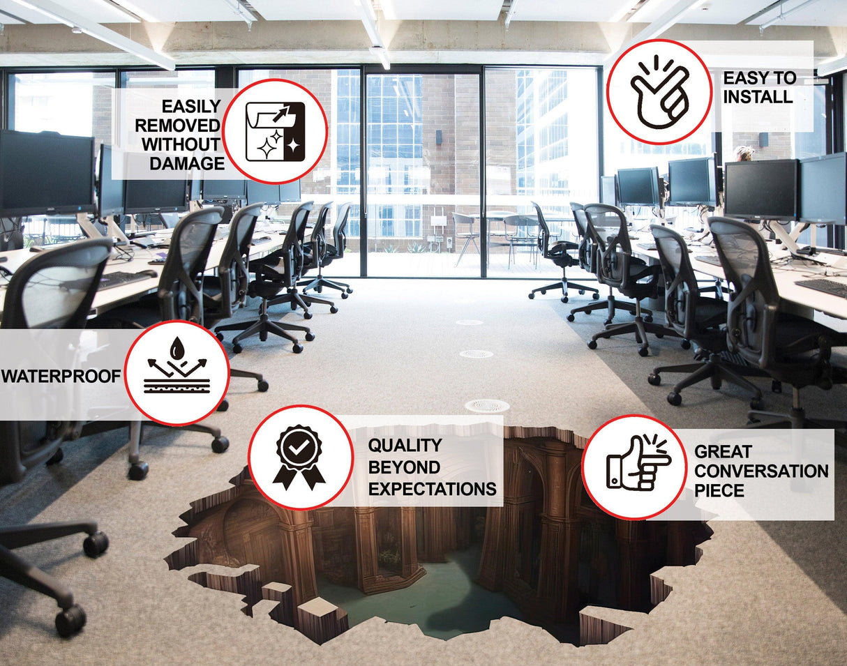 Porthole floor sticker features in modern office setting, highlighting waterproof, easy to install, and removable qualities.