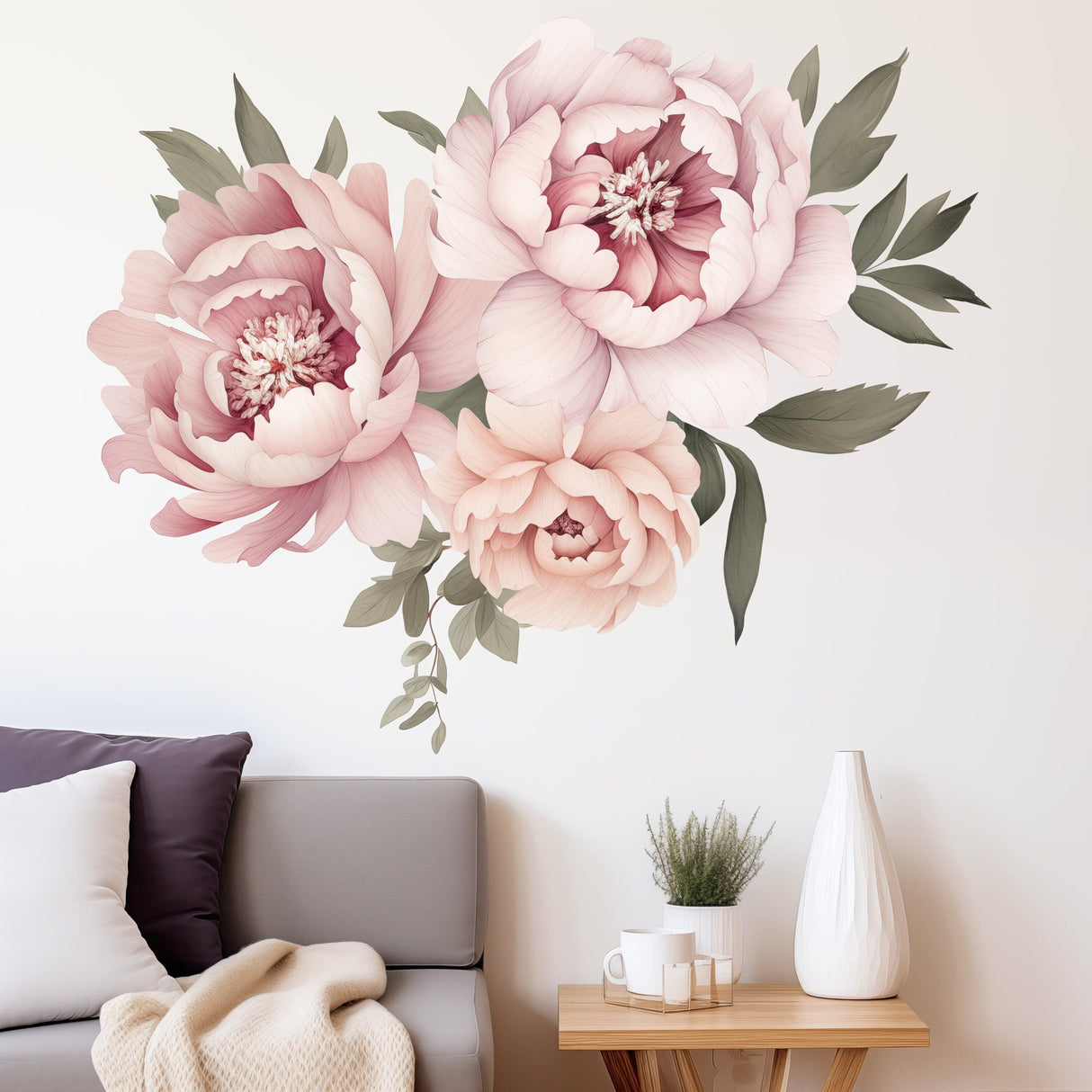 Elegant peony flowers wall decal in watercolor design, perfect for adding charm to any room.
