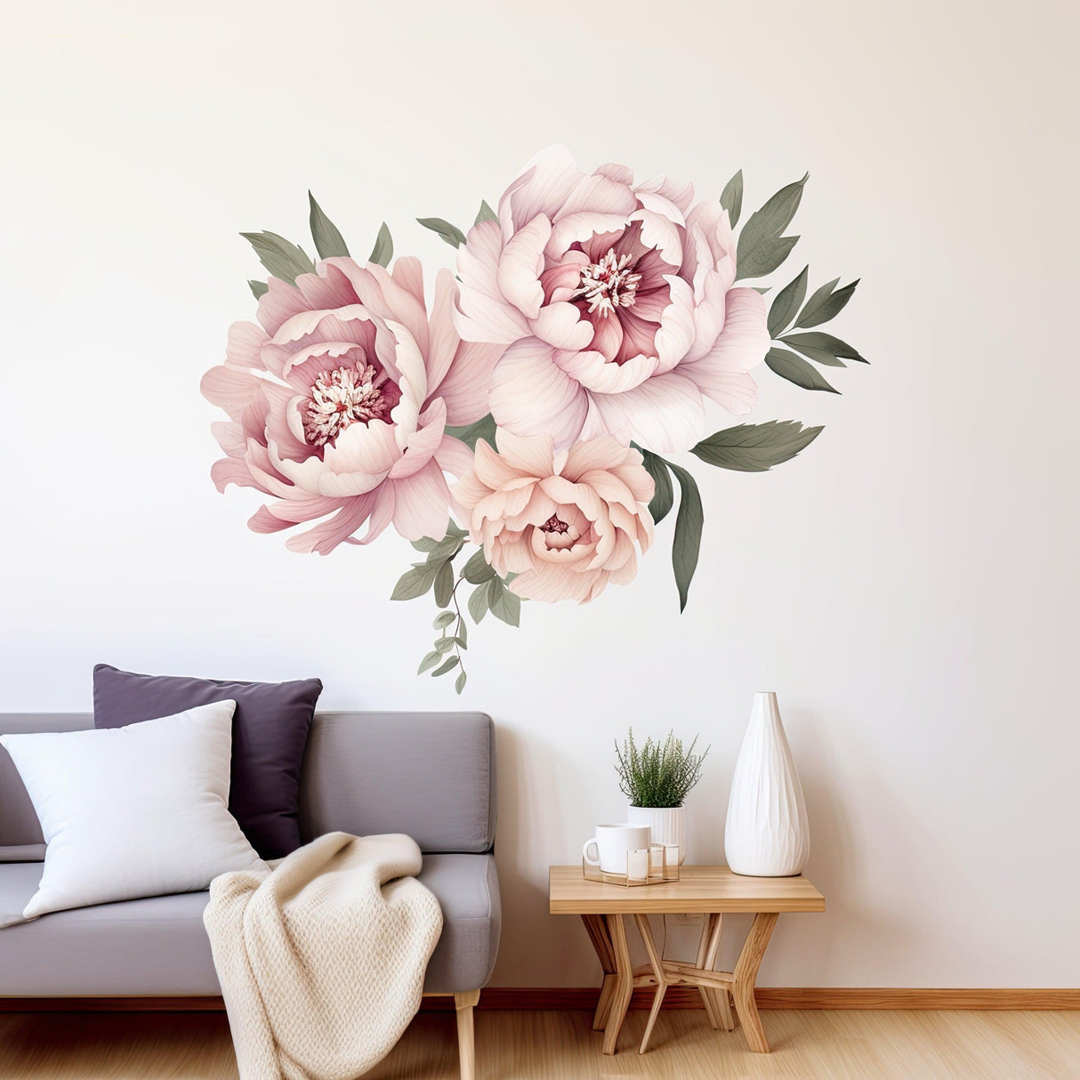 Elegant peony flowers wall decal in watercolor design above a couch, adding charm to any living space.