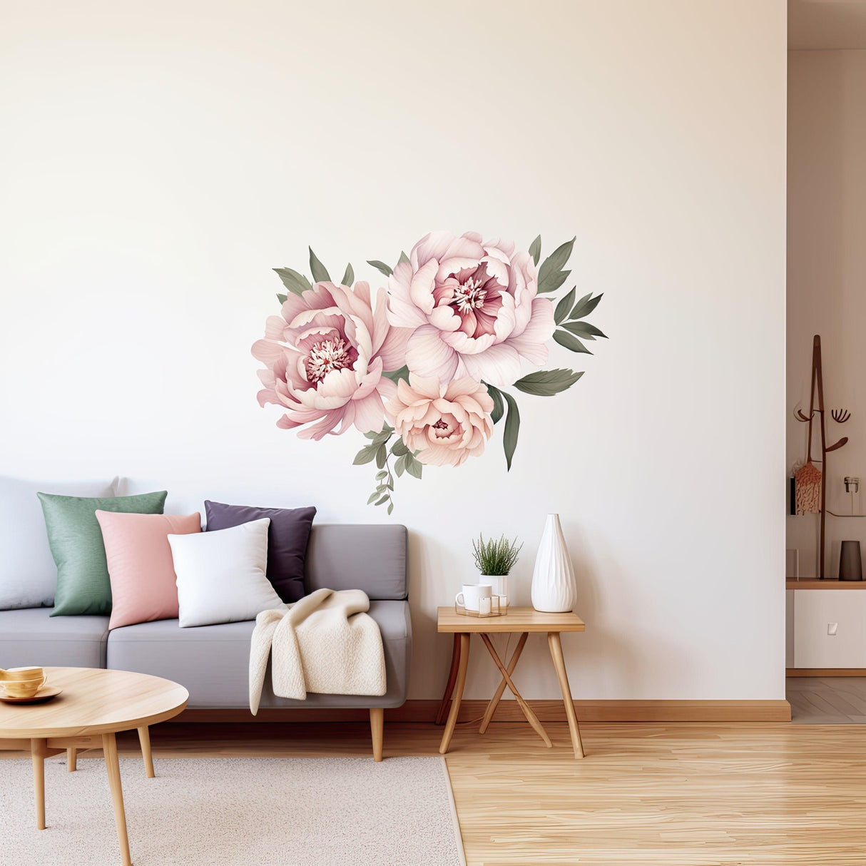 Elegant peony flowers wall decal in a living room, showcasing a watercolor floral design on a light wall.