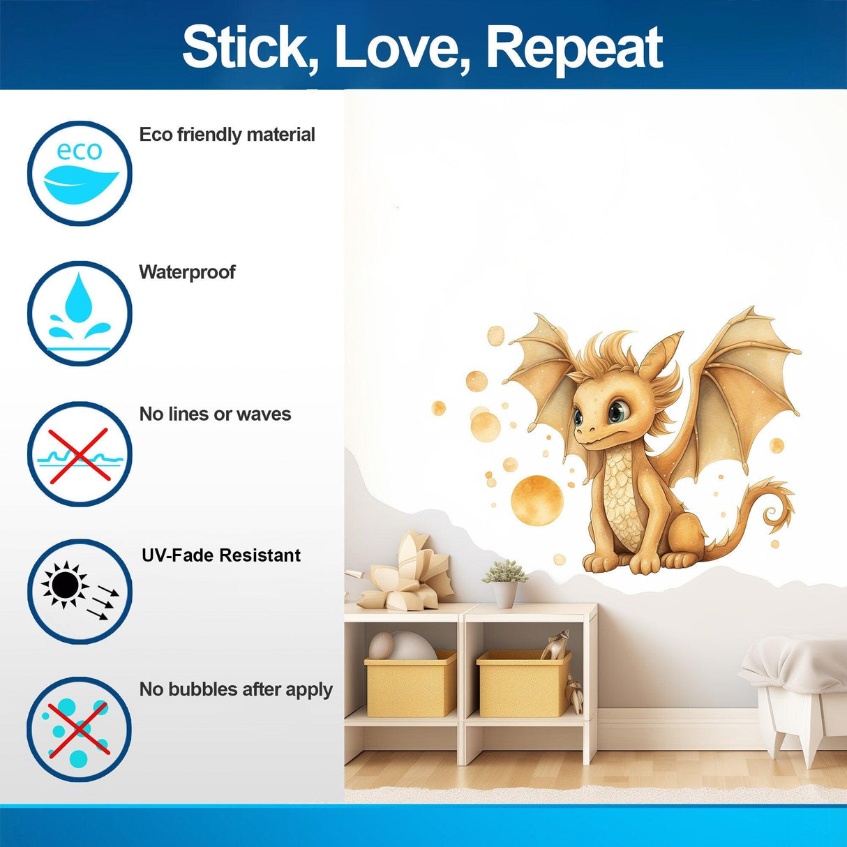 Whimsical baby dragon wall decal showcasing features: eco-friendly, waterproof, UV-fade resistant, easy application.