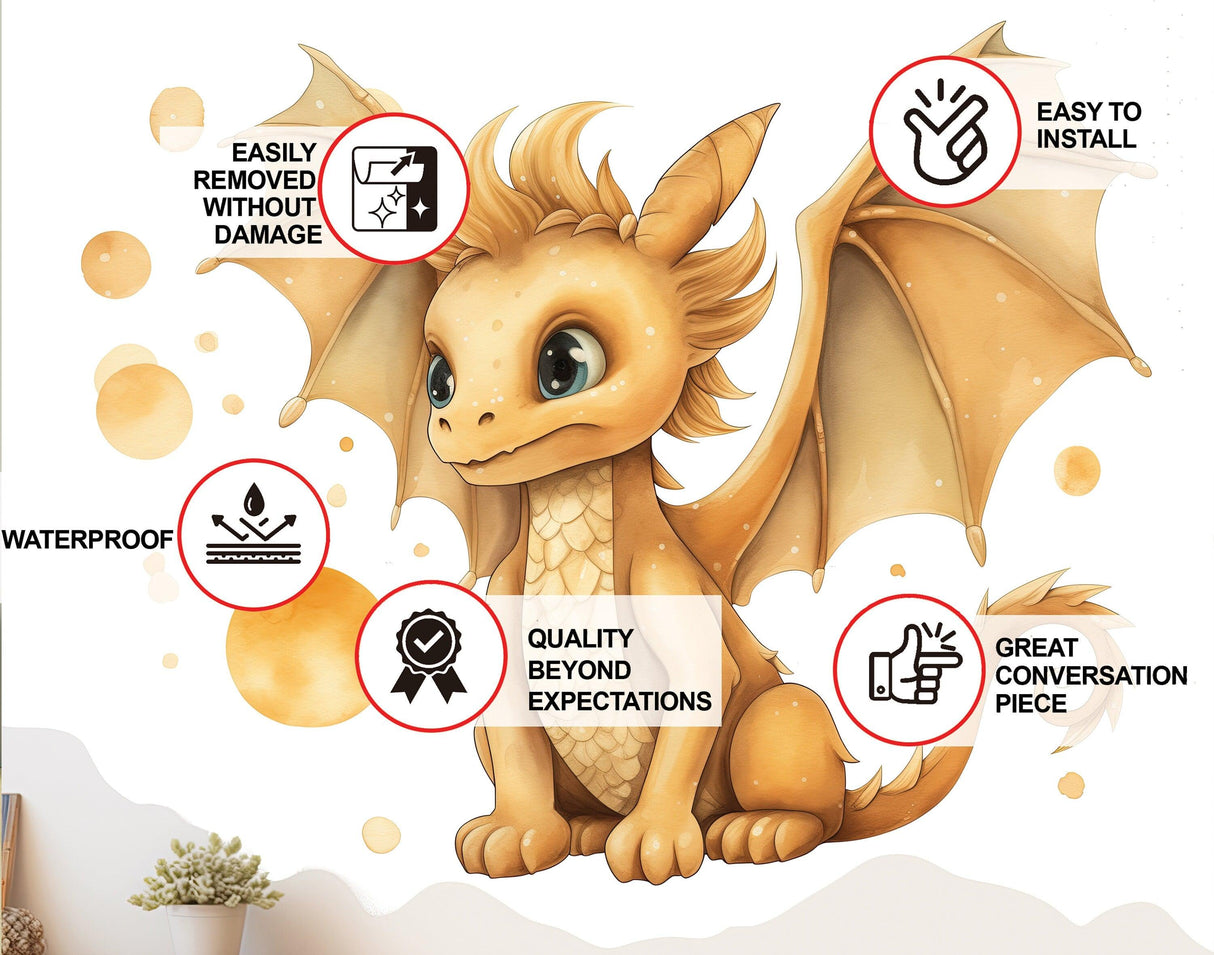 Whimsical baby gold dragon wall decal with features including waterproof and easy installation.