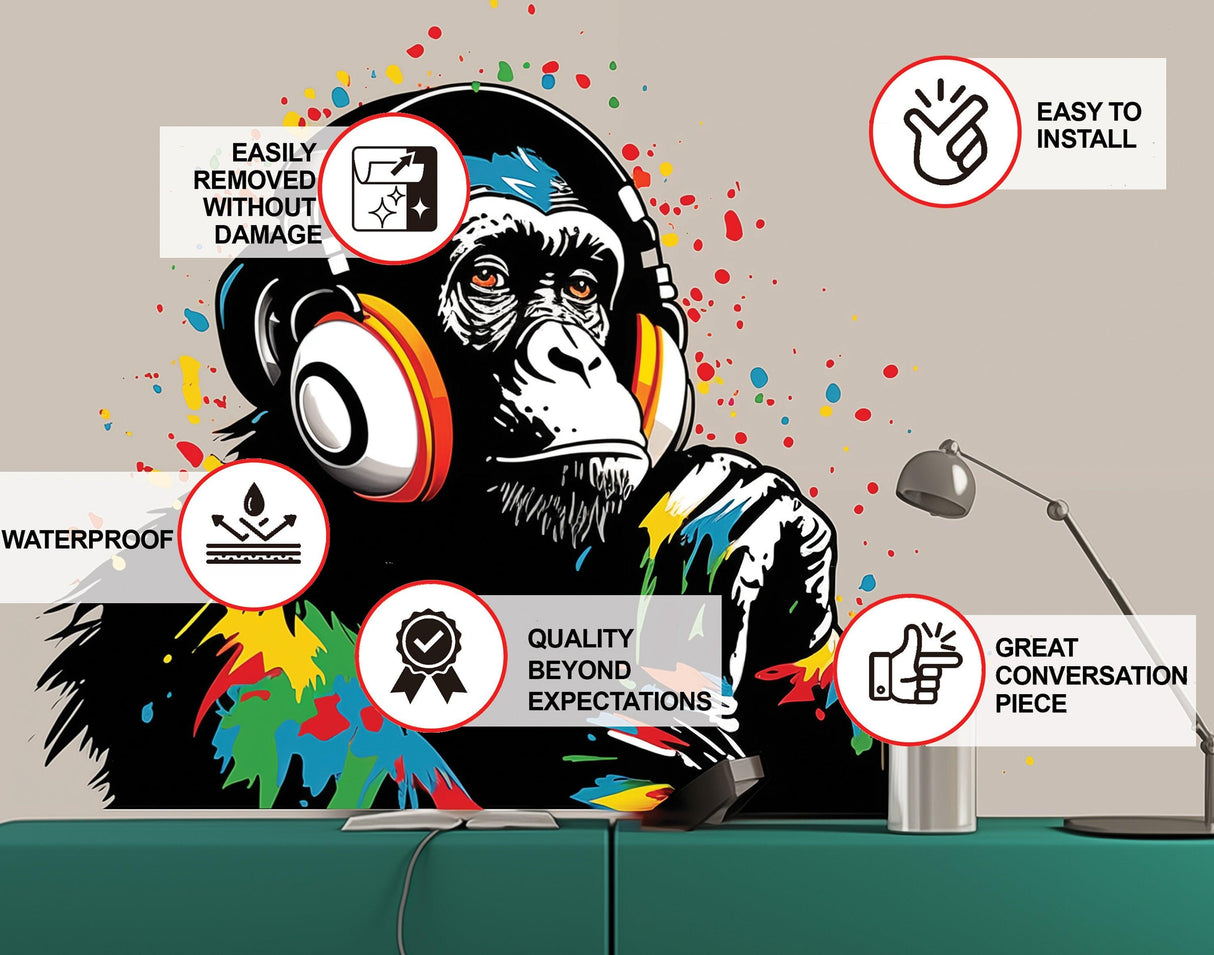 Colorful DJ Monkey wall decal featuring a thinking gorilla with headphones, showcasing easy installation and waterproof design.