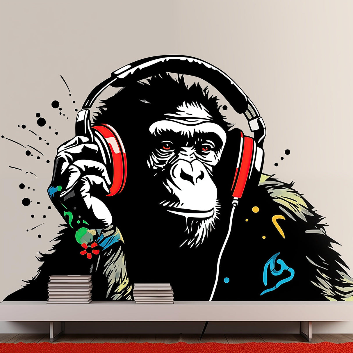 Headphone Chimp Wall Art Sticker featuring a DJ ape in headphones with vibrant colors and urban jungle style.