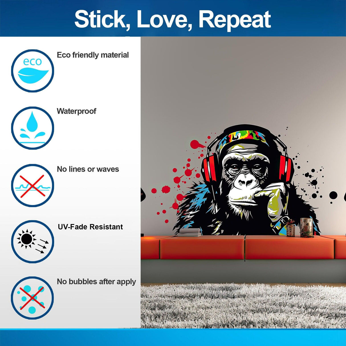 Eco-friendly music-themed wall decal featuring a wise ape in headphones, showcasing vibrant colors and detailed design.
