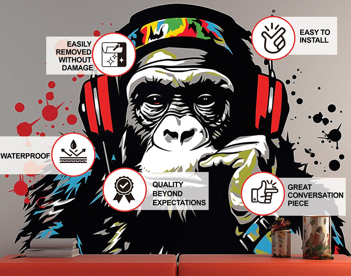 Wise contemplative ape wall decal with headphones, vibrant colors, showcasing key features like easy installation and waterproof.