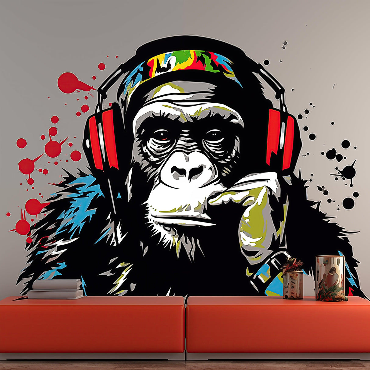 Wise contemplative ape wall decal with headphones, colorful design adding musical flair to any interior.