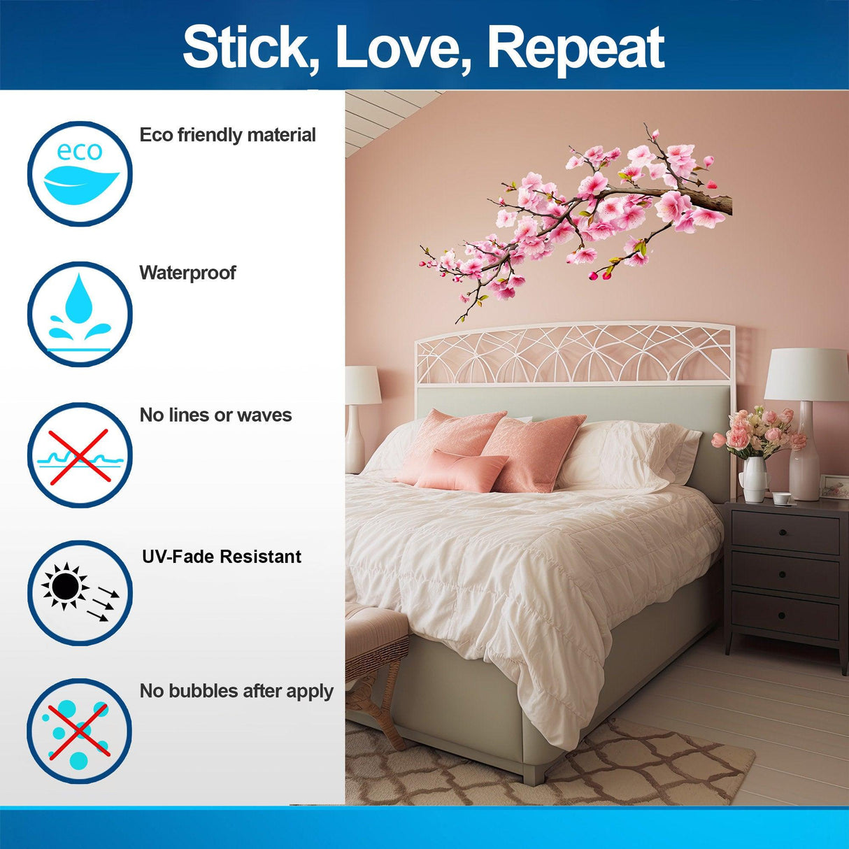 Cherry Blossom Corner Tree Wall Decal in a bedroom, showcasing eco-friendly design and elegant pink blooms.