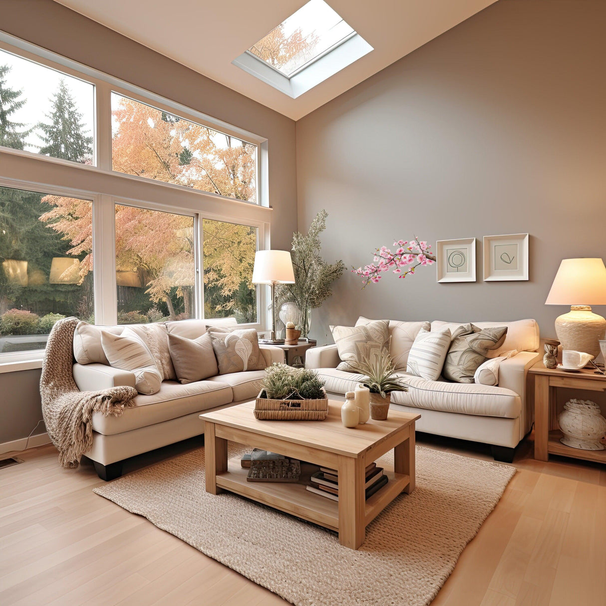 Cozy living room with a sectional sofa, natural decor, and a view of fall foliage through large windows.