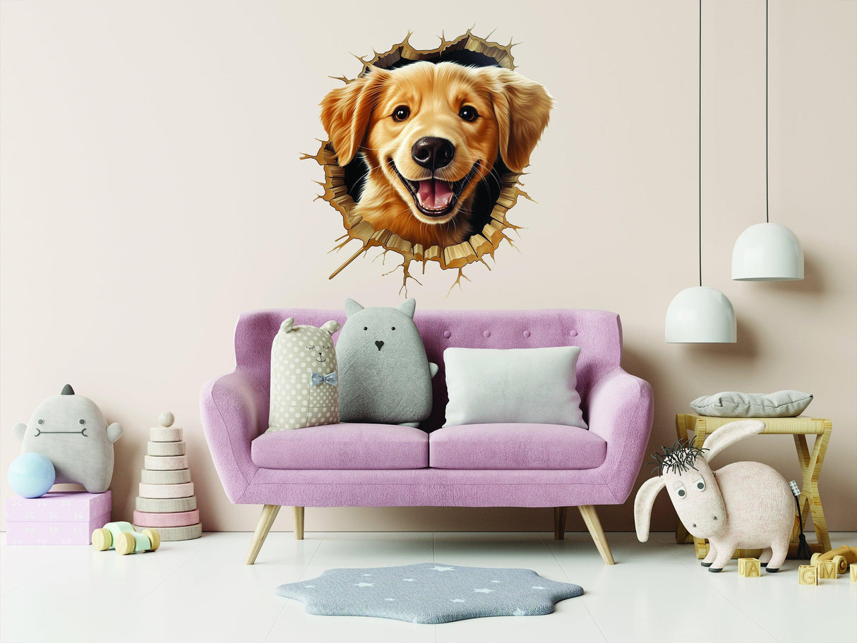 3D cute puppy wall sticker with broken dog illusion in a nursery room, adding charm to the pink decor.