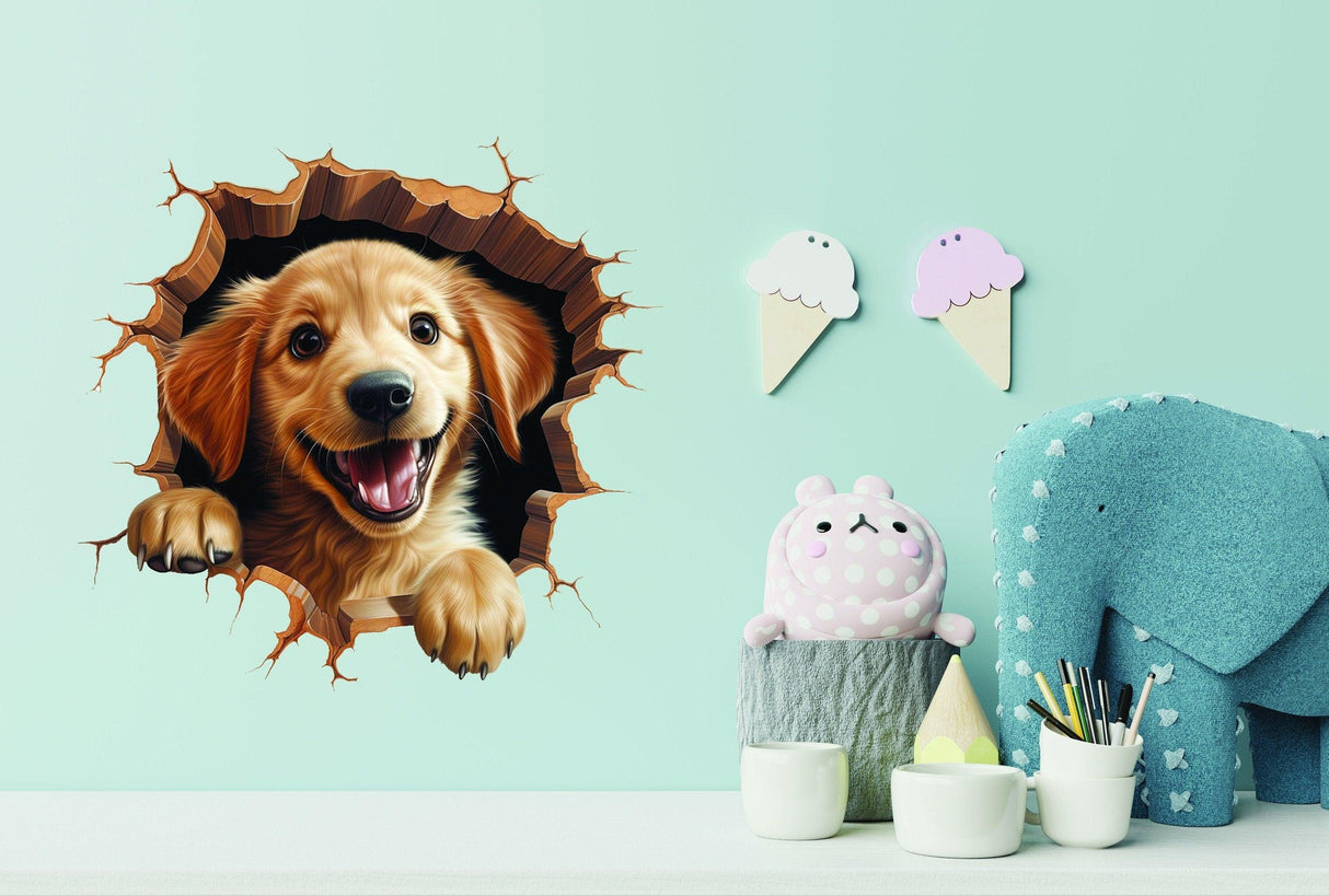 3D Dog Art Wall Sticker featuring a playful golden retriever popping through a cracked wall illusion.