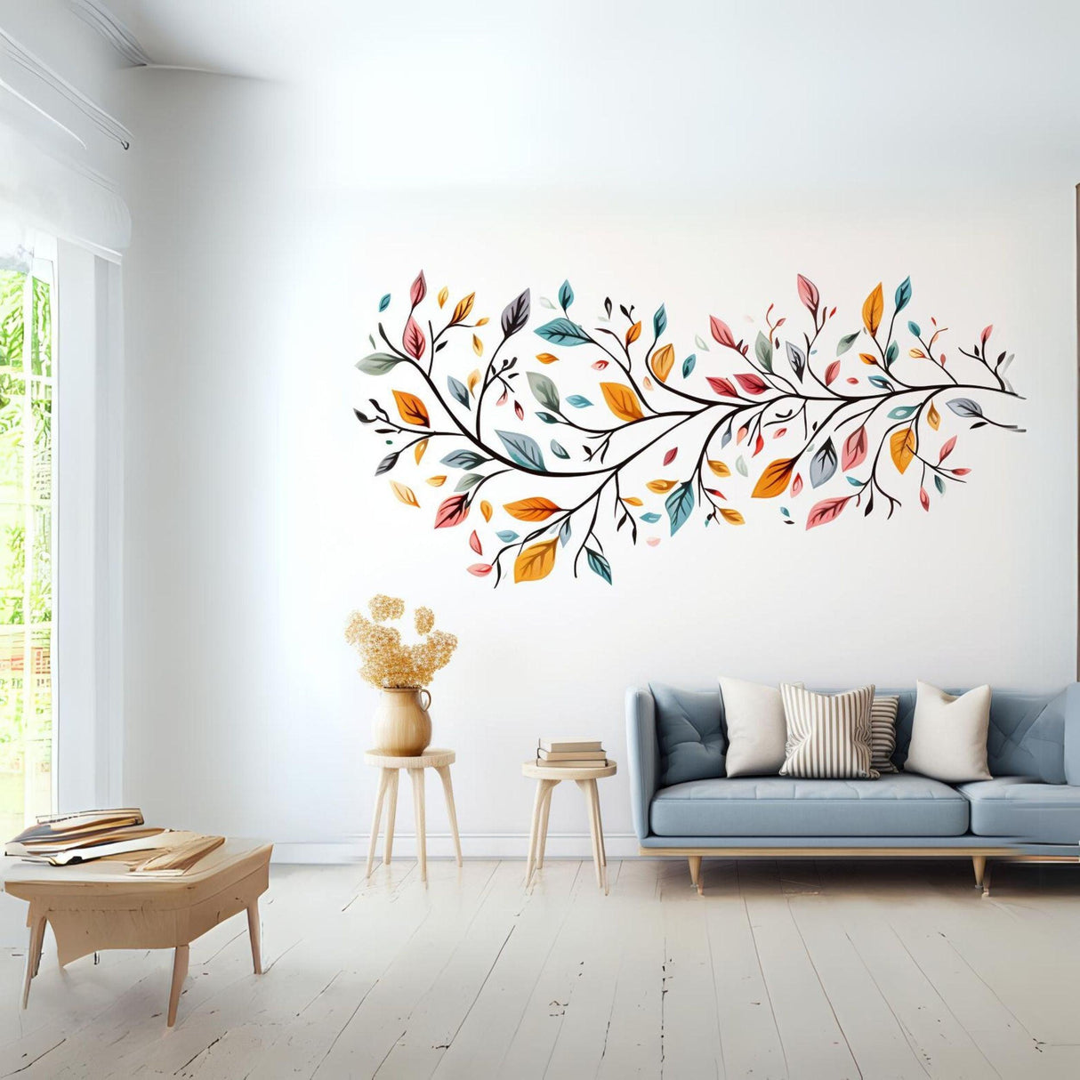 Stylized tree wall sticker with colorful leaves, brightening a modern living room decor.