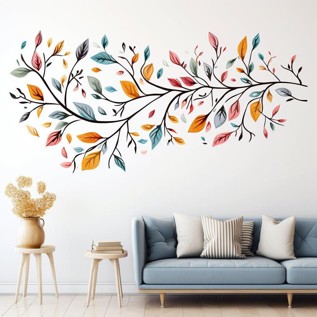 Stylized tree wall sticker with colorful leaves, modern vinyl decal for artistic room decor.