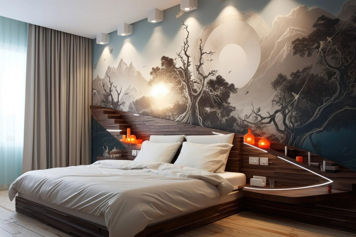 Stylish bedroom featuring a custom wallpaper decal of serene mountains and trees, creating a calming atmosphere.