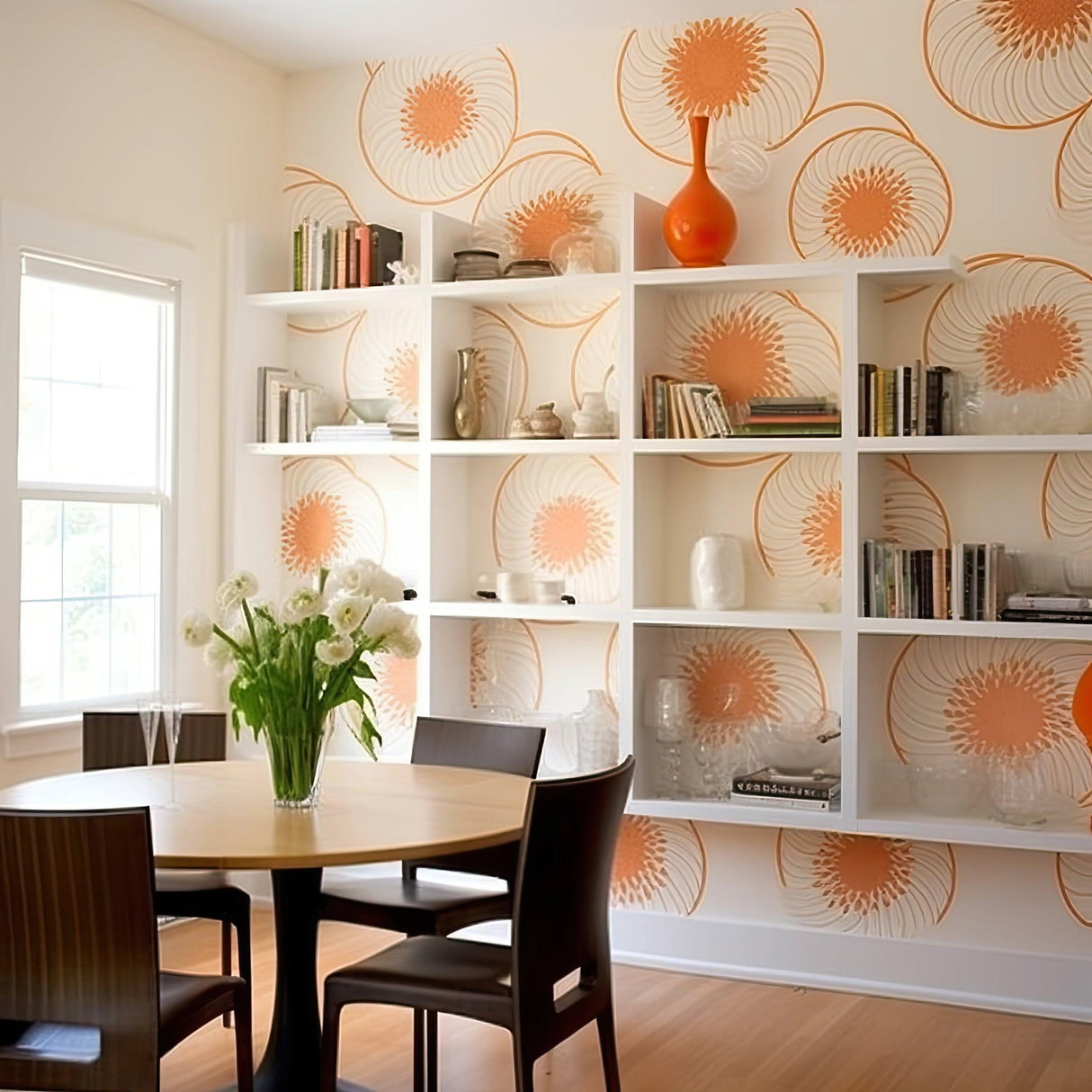 Modern dining room featuring custom wallpaper decal with orange floral design and sleek furniture.