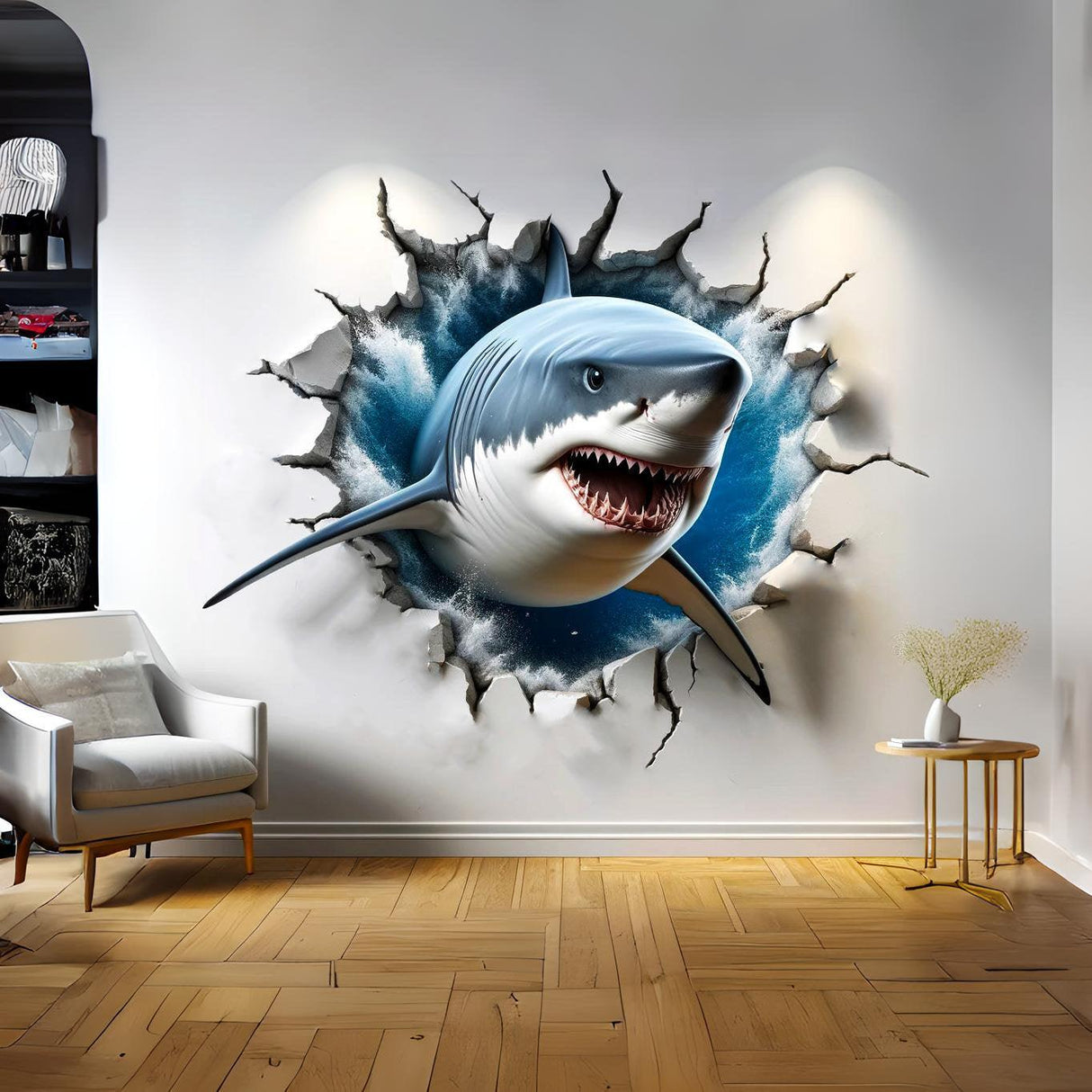 Realistic 3D Great White Shark wall sticker bursting through wall, adding unique decor to any room.