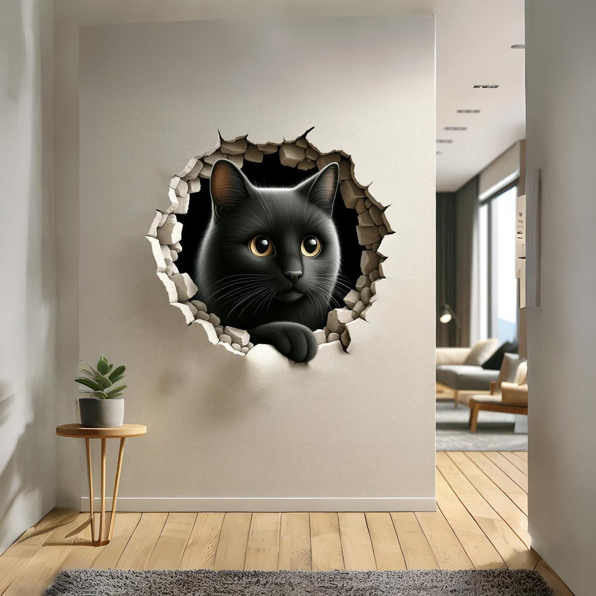 3D black cat wall art sticker emerging from a cracked wall, creating an illusion of depth and character in home decor.