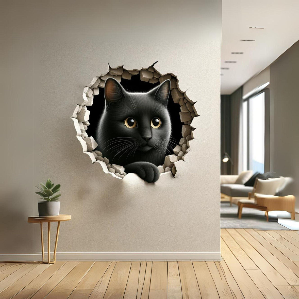 3D cat wall sticker in cracked wall design adding depth to modern living room decor.