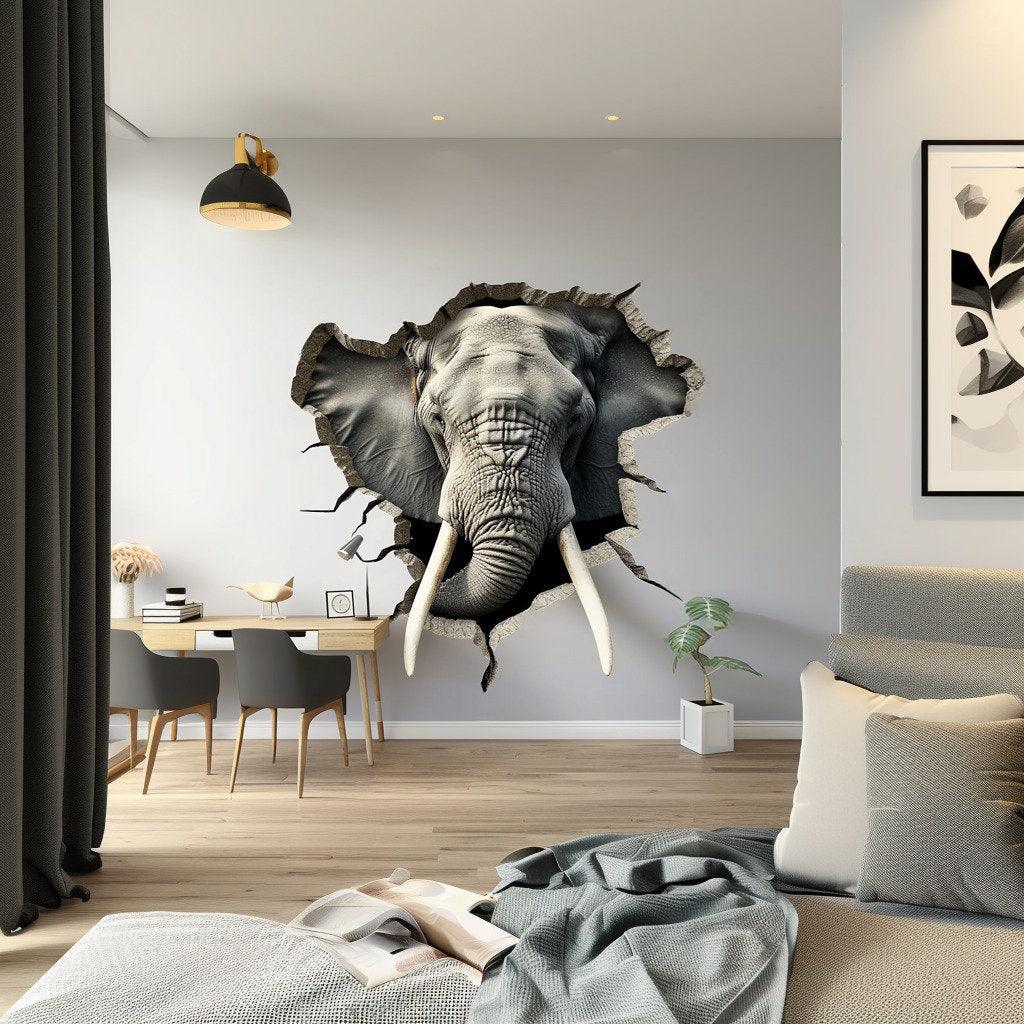 Realistic 3D elephant wall decal creating a broken hole illusion, perfect for adding whimsy to any room.