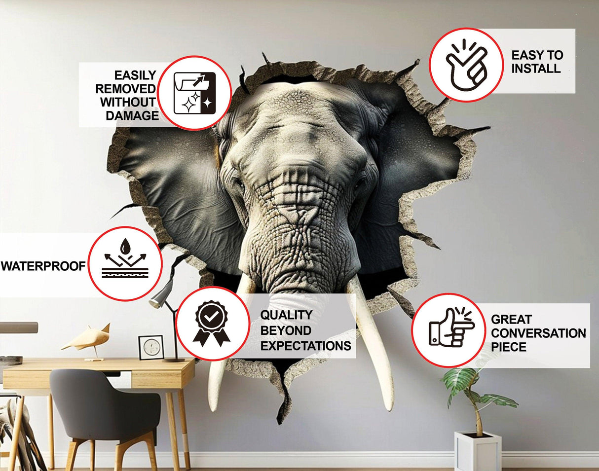 3D elephant wall decal with broken hole illusion, showcasing features like easy installation and waterproof quality.