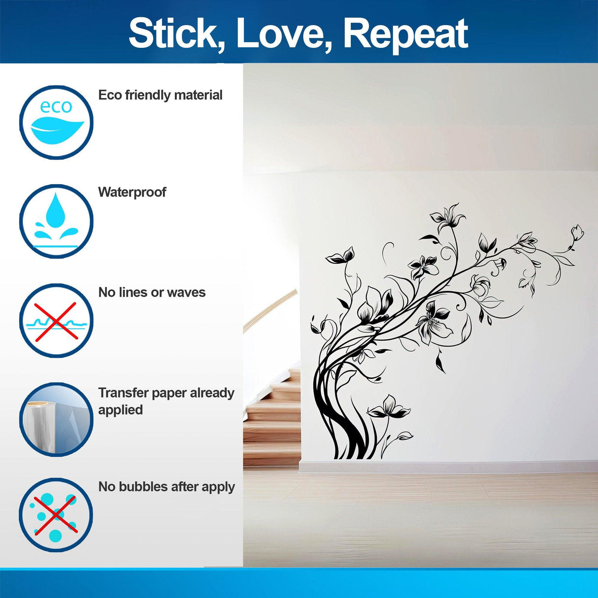 Elegant floral wall decal featuring eco-friendly, waterproof design with easy application and no bubbles for a beautiful home.