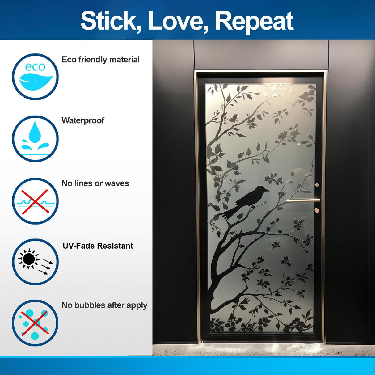 Frosted black tree silhouette decal on glass door, showcasing eco-friendly features and elegant design with birds.