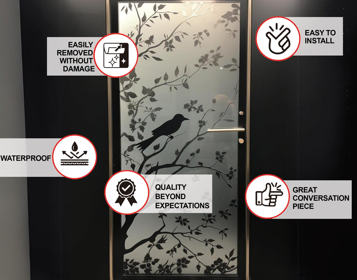 Frosted black tree silhouette decal on glass door featuring birds, showcasing waterproof and removable features.